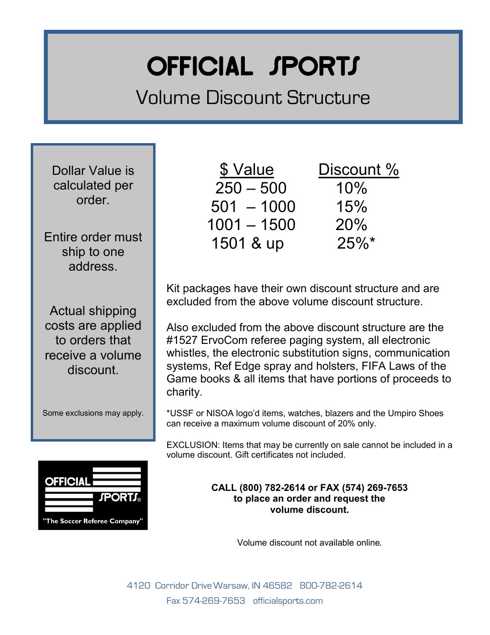 Official Sports 2024 volume discount sheet. The full text, order tiers and exclusions are available in the PDF above.